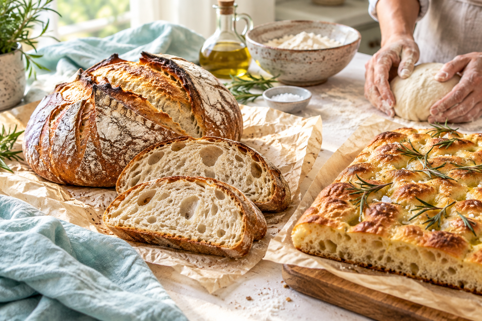 Golden sourdough bread and rosemary focaccia beside hands shaping dough